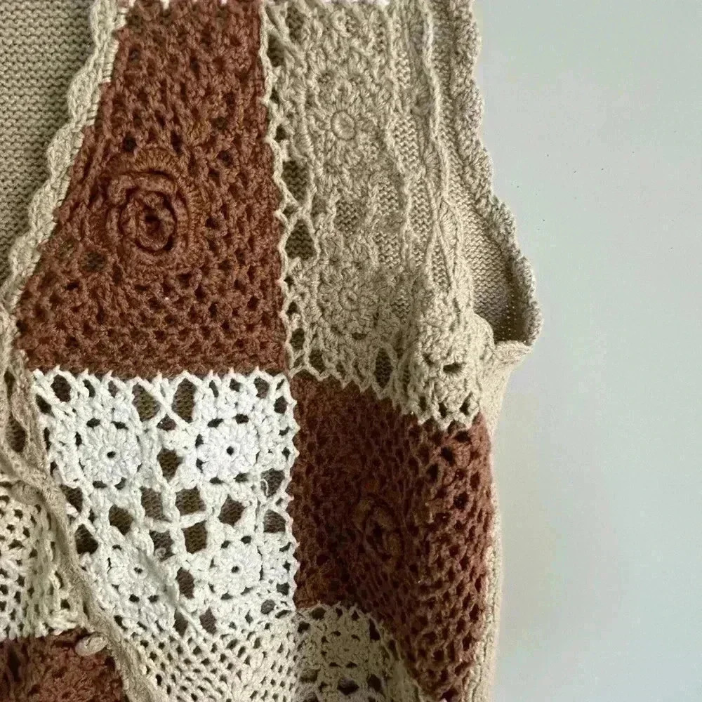 Vtg No Boundaries Size Large Neutral Crocheted Vest Sleeveless Rose Color Block - Picture 2 of 4
